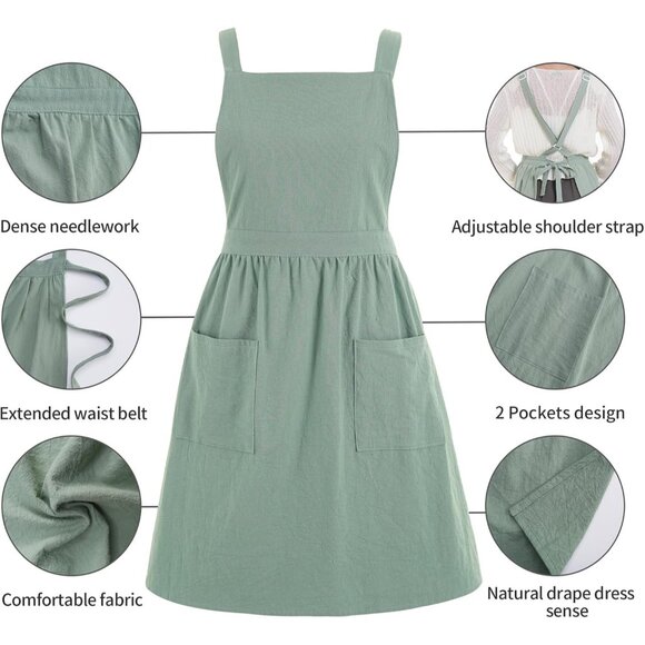 Cotton Linen Pinafore Apron Dress for Women with Pockets Cute Art Chef Aprons fo - Picture 4 of 7